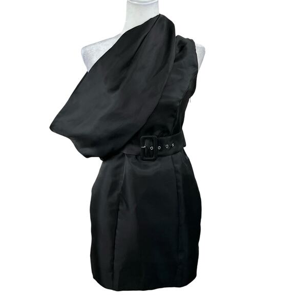 ASOS Luxe Draped One Shoulder Belted Black Satin Mini Cocktail Dress 6 NWT - Picture 1 of 16